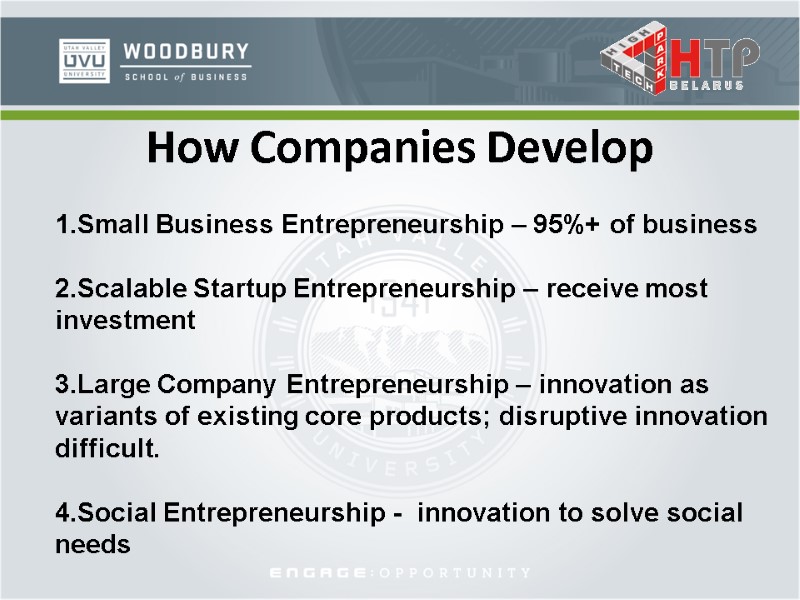 How Companies Develop   Small Business Entrepreneurship – 95%+ of business  Scalable